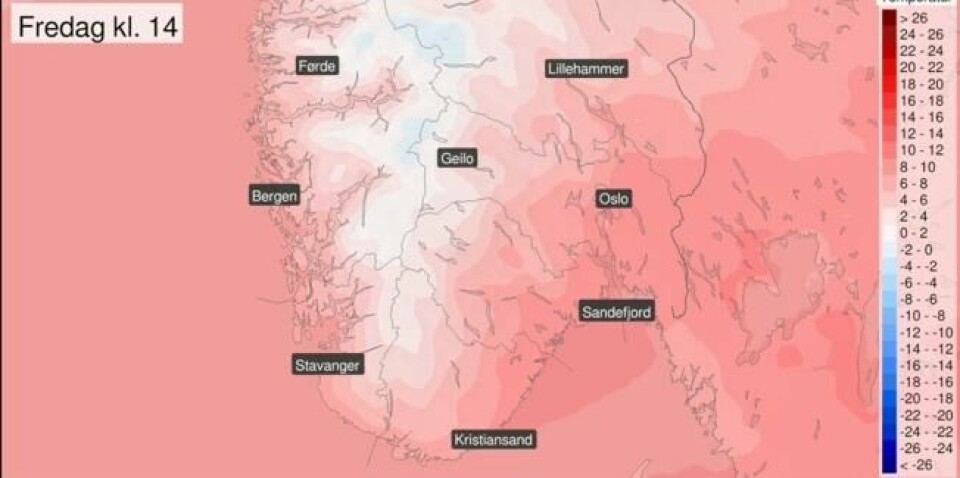 Og slik er det ventet på fredag. foto: Meterologisk Institutt Og slik er det ventet på fredag. foto: Meterologisk Institutt