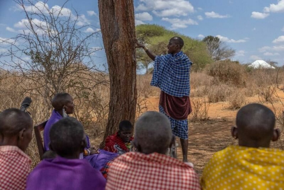 Karbonambassadør Kalanga Osimanjiroi snakker med en kvinnegruppe om hvordan beskyttelse av skogen gir fordeler som bedre regnforhold, tilgang til beite og forebygging av naturkatastrofer. Karbonambassadør Kalanga Osimanjiroi snakker med en kvinnegruppe om hvordan beskyttelse av skogen gir fordeler som bedre regnforhold, tilgang til beite og forebygging av naturkatastrofer. Foto: Sofi Lundin