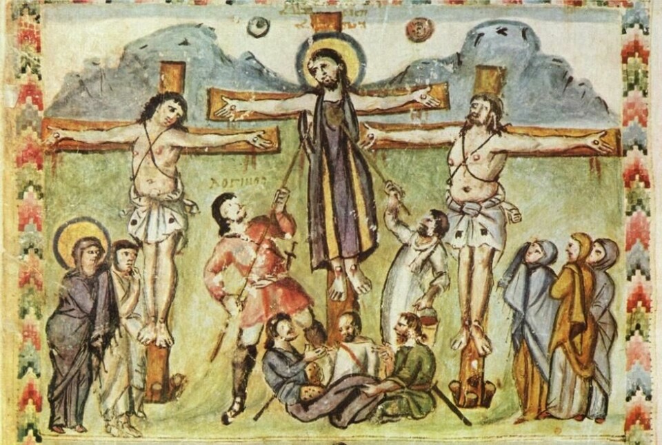 En illustrasjon fra et syrisk manuskript kalt Rabula-evangeliene, fra 586. På tegningen ser vi en soldat som stikker Jesus i siden med en lanse. Over hodet hans står navnet Longinus. En illustrasjon fra et syrisk manuskript kalt Rabula-evangeliene, fra 586. På tegningen ser vi en soldat som stikker Jesus i siden med en lanse. Over hodet hans står navnet Longinus.