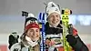 Ingrid Landmark Tandrevold og Norges Johannes Thingnes Bo poserer med sine medaljer under vinnerseremonien av single mixed stafett-stevnet i IBU Skiathlon World Championships i Nove Mesto, Tsjekkia 15. februar 2024. Foto: Joe Klamar / AFP