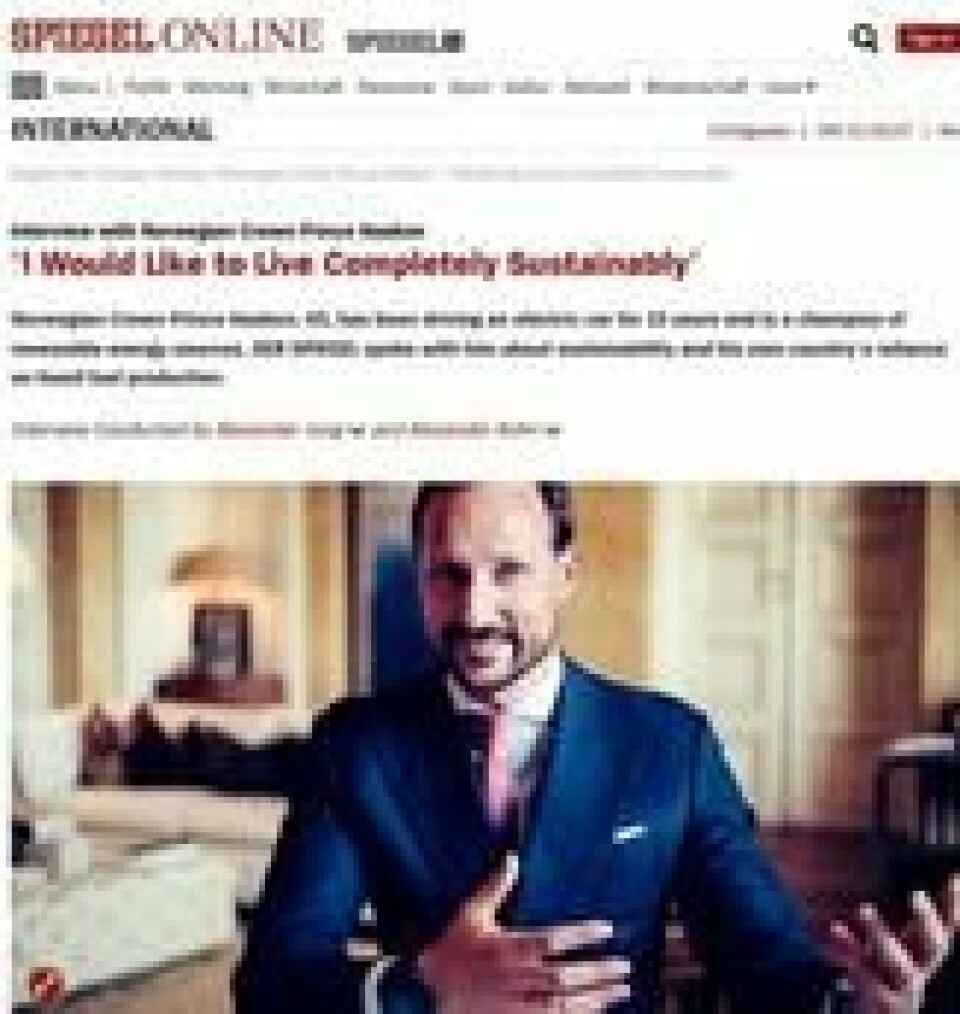 I TYSKLAND: – Jeg vil gjerne leve helt bærekraftig, sier Kronprins Haakon til tyske Spiegel. I TYSKLAND: – Jeg vil gjerne leve helt bærekraftig, sier Kronprins Haakon til tyske Spiegel.