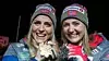 Therese Johaug og Ingvild Flugstad Østberg poserer med hver sine medalje under VM i Seefeld i 2019. Foto: NTB