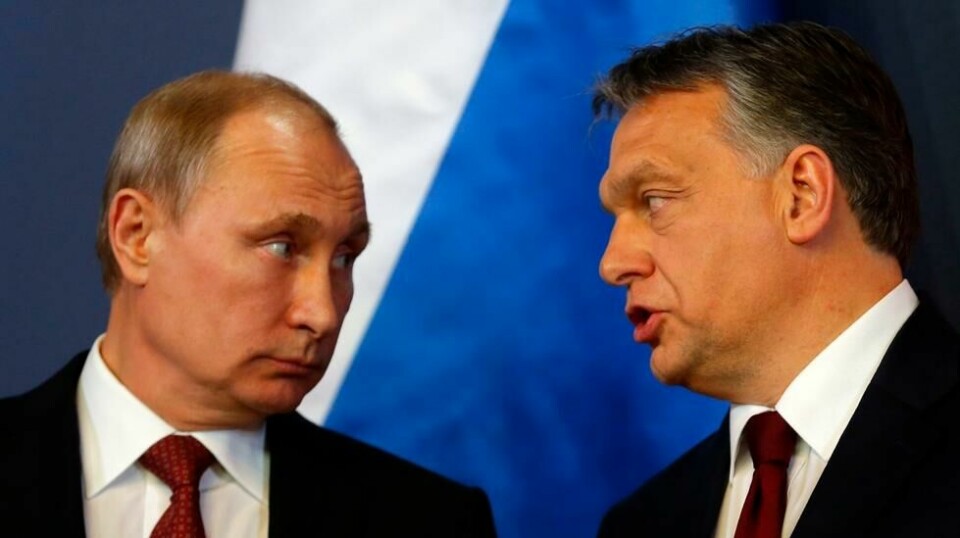 Russlands president Vladimir Putin avbildet med Ungarns statsminister Viktor Orban før en felles pressekonferanse i Budapest 17. februar 2015. Illustrasjonsfoto.