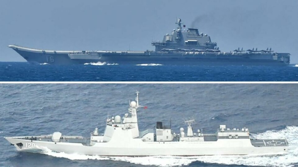 En kinesisk hangarskip og og to fregatter ble sett patruljerende mellom Japans Okinawa-region og Taiwan 18. september. Bildet er frigitt av det japanske forsvarsdepartementet. Foto: Japan's Ministry of Defense Joint Staff Office Public Relations / AFP / NTB