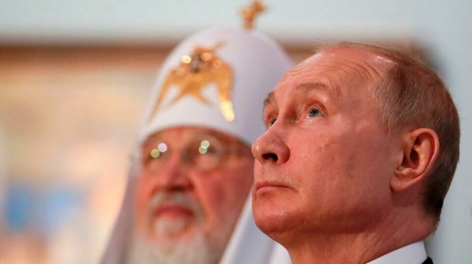 President Vladimir Putin og patriark Kirill besøker en utstilling i Moskva 4. november 2019.