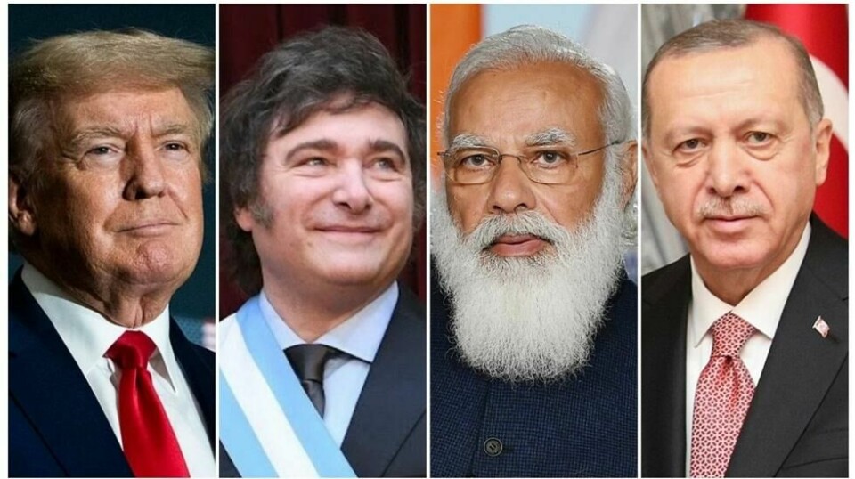Donald Trump (USA), Javier Milei (Argentina), Narendra Modi (India) og Recep Tayyip Erdogan (Tyrkia). (Foto: Tom Williams, Argentinas senat, Statsministerens kontor i India, Mikhail Palinchak/alle Wikimedia)
