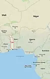 Togo er et lite land på vestkysten av Afrika, mellom Ghana og Benin. Landet er på rundt 56.000 kvadratkilometer og har en 56 km lang kyststripe i sør. Google Maps.