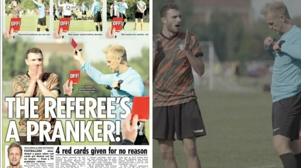 Mads Hansen har gjort seg bemerket som fotballdommer i Sunday League i England, som blir å se på VGTV neste år. Så bemerket at The Sun slo opp en helside torsdag.