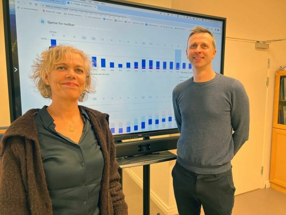Produktutviklingssjef og leder for Yr i NRK, Ingrid Støver Jensen, og Yr-leder på Meteorologisk institutt, Anders Doksæter Sivle. Produktutviklingssjef og leder for Yr i NRK, Ingrid Støver Jensen, og Yr-leder på Meteorologisk institutt, Anders Doksæter Sivle. Foto: Meteorologisk institutt