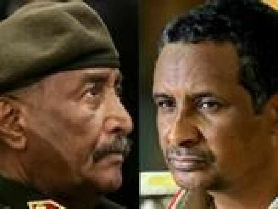 Lederen for Sudans regjeringshær, Abdel Fattah al-Burhan (venstre), og general Mohamed Hamdan Dagalo (Hemeti), som leder paramilitære Rapid Support Forces (høyre), har ligget i væpnet konflikt siden april i fjor. Lederen for Sudans regjeringshær, Abdel Fattah al-Burhan (venstre), og general Mohamed Hamdan Dagalo (Hemeti), som leder paramilitære Rapid Support Forces (høyre), har ligget i væpnet konflikt siden april i fjor. Foto: Ashraf Shazly