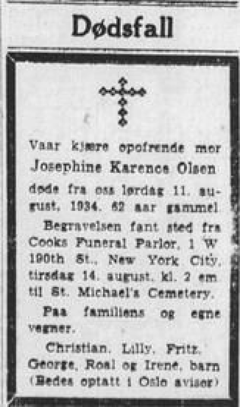 Nordisk Tidende 15. august 1934. Durek Verretts tippoldemor er død. Blant barna står nevnt Lilly, sjamanens oldemor og den siste i hans familie som er født i Norge. Nordisk Tidende 15. august 1934. Durek Verretts tippoldemor er død. Blant barna står nevnt Lilly, sjamanens oldemor og den siste i hans familie som er født i Norge.