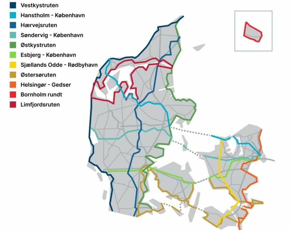De nasjonale sykkelruter i Danmark strekker seg over 5.000 km. De nasjonale sykkelruter i Danmark strekker seg over 5.000 km. Foto: Vejdirektoratet