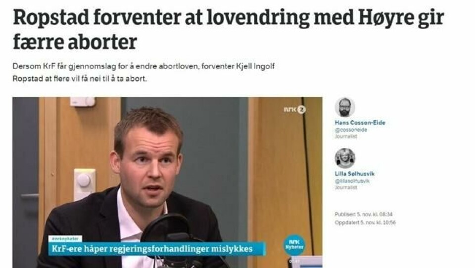 5. november gjorde Kjell Ingolf Ropstad det klart at han forventer at en lovendring med Høyre gir færre aborter. 5. november gjorde Kjell Ingolf Ropstad det klart at han forventer at en lovendring med Høyre gir færre aborter. Foto: Skjermdump NRK