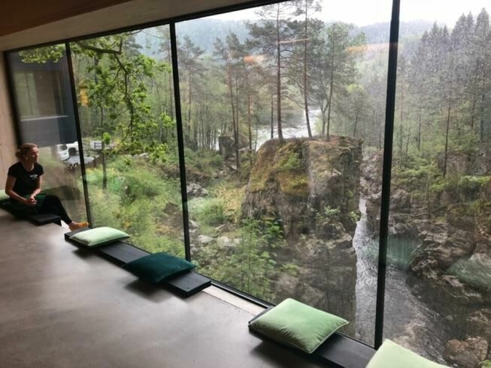 Anne Salvesen er stolt over utsikten fra Sørnorsk laksesenter i Kvåsfossen. Senteret ligger helt ut på kanten av et juv, og har en sterk nærhet til naturen. Elven renner rett nedenfor. Anne Salvesen er stolt over utsikten fra Sørnorsk laksesenter i Kvåsfossen. Senteret ligger helt ut på kanten av et juv, og har en sterk nærhet til naturen. Elven renner rett nedenfor. Foto: Elisabeth Bergskaug/ABC Nyheter