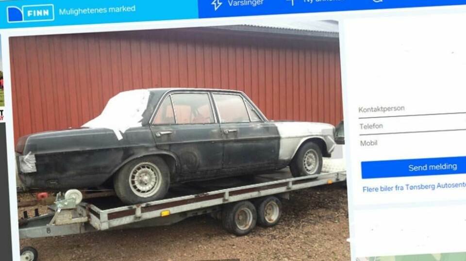 Etter å ha stått lagret i 26 år har Mercedesen nå kommet ut av låven, og er klar for nye eventyr. Faksimile fra www.finn.no.
