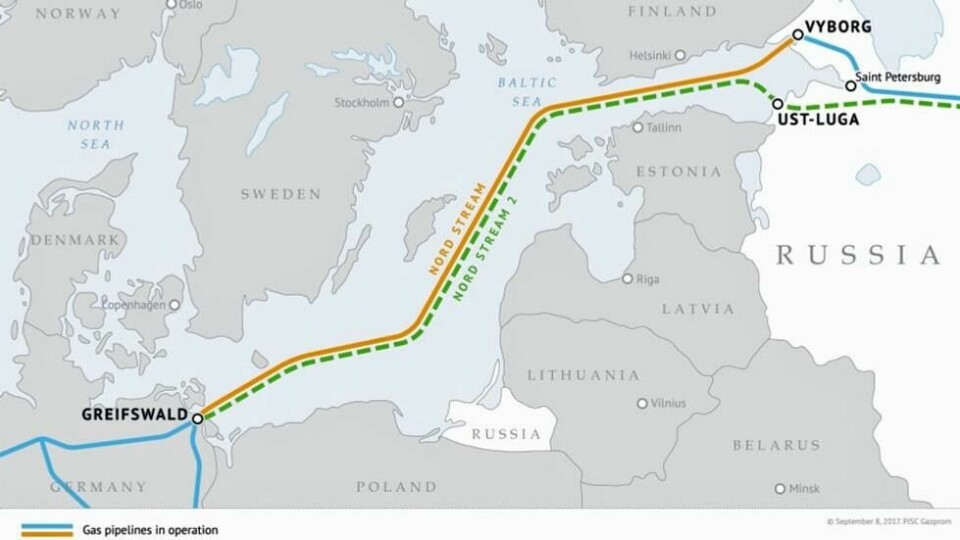 Slik skal gassrørledningen Nord Stream 2 gå fra Ust-Luga i Russland til Greifswald i Tyskland. Denne vil Biden og USA sette en stopper for hvis Russland invaderer Ukraina. Slik skal gassrørledningen Nord Stream 2 gå fra Ust-Luga i Russland til Greifswald i Tyskland. Denne vil Biden og USA sette en stopper for hvis Russland invaderer Ukraina. Foto: Gazprom