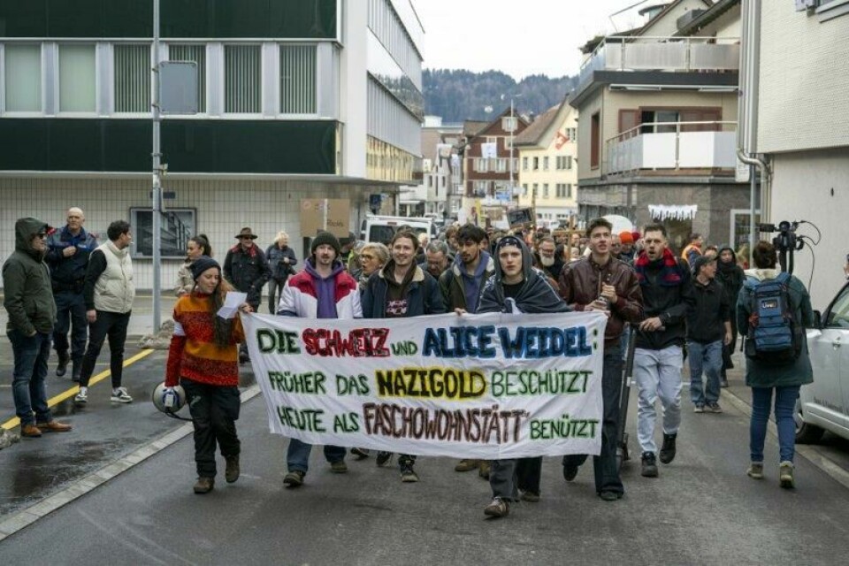 Demonstranter i den sveitsiske byen Einsiedeln protesterer mot ytre høyre og AfD-leder Alice Weidel, som bor i byen.