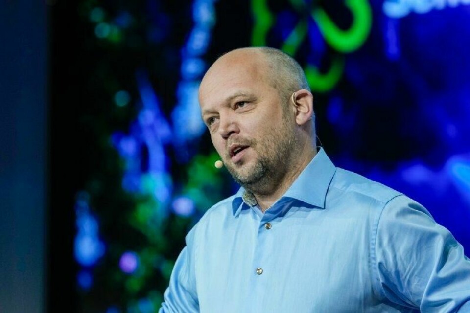 Partileder Trygve Slagsvold Vedum (Sp) taler til Senterpartiets landsmøte på Quality Hotel Maritim i Haugesund fredag.
