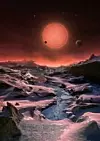 En kunstner har forestilt seg hvordan det kanskje kan se ut på overflaten til en av planetene som går i bane omkring Trappist-1. (ESO/M. Kornmesser)