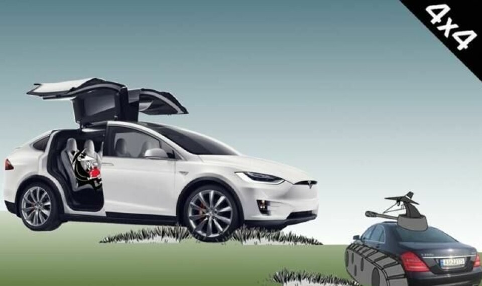 Dette er en av flere illustrasjoner sønnen til Arno har laget til annonsen. Ingen tvil om hva Arno synes om den eventuelt kommende Teslaen i alle fall. Dette er en av flere illustrasjoner sønnen til Arno har laget til annonsen. Ingen tvil om hva Arno synes om den eventuelt kommende Teslaen i alle fall.