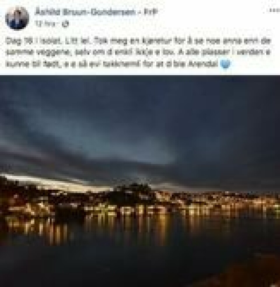 Denne meldingen la Åshild Bruun-Gundersen ut på sin Frp-konto på Facebook. Denne meldingen la Åshild Bruun-Gundersen ut på sin Frp-konto på Facebook. Foto: SKjermdump