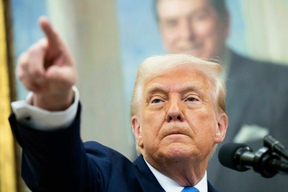 – Trump og temaet hans har en slu strategi. De vet at mye av det de gjør vil havne helt i Høyesterett. Der håper og tror de at det konservative dommerflertallet vil gi Trump medhold, slik at han da får offisielt utvidet presidentmakt, sier USA-ekspert og professor Hilmar Mjelde. På bildet taler Trump under en edseremoni for Alina Habba, som midlertidig amerikansk justisminister for New Jersey, i det ovale kontoret i Det hvite hus i Washington, fredag 28. mars 2025. (Pool via AP)