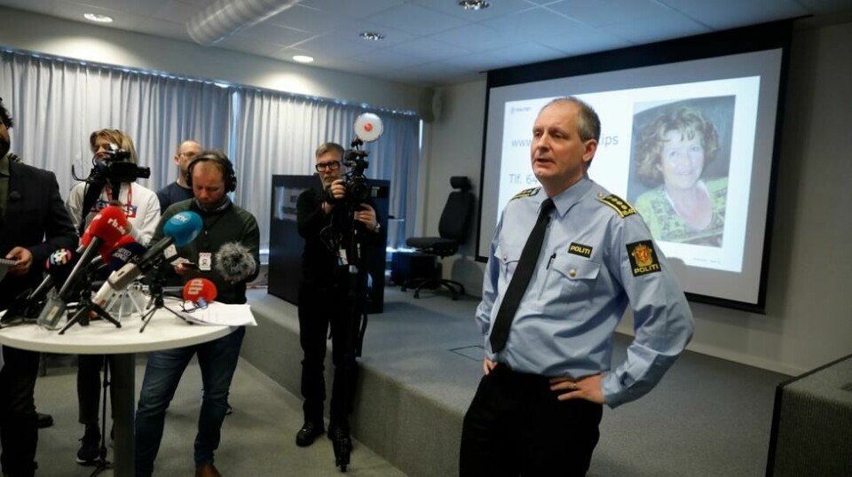 Politiinspektør Tommy Brøske under en presseorientering av den antatte bortføringen av Anne-Elisabeth Hagen.