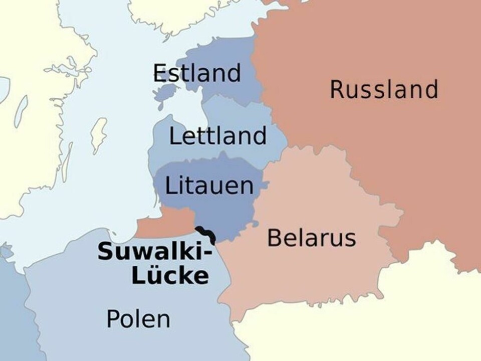 Et kart som viser Suwalki-korridoren, et landområdet som skiller de Nato-allierte landene Litauen og Polen. Et kart som viser Suwalki-korridoren, et landområdet som skiller de Nato-allierte landene Litauen og Polen. Foto: Wikimedia Commons
