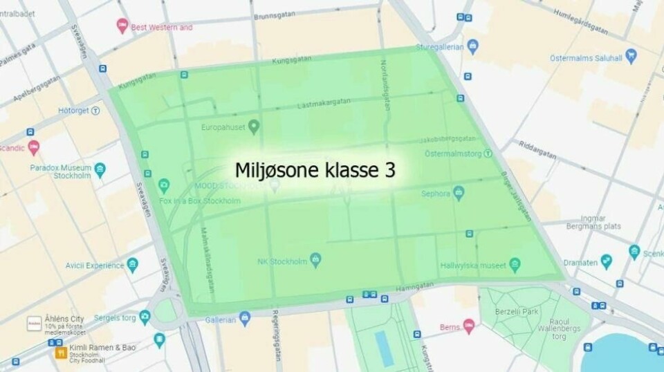 NULL EKSOS: I dette området i sentrale Stockholm kan du snart kun ferdes med utslippsfrie kjøretøy. Illustrasjon: Broom / Google Maps