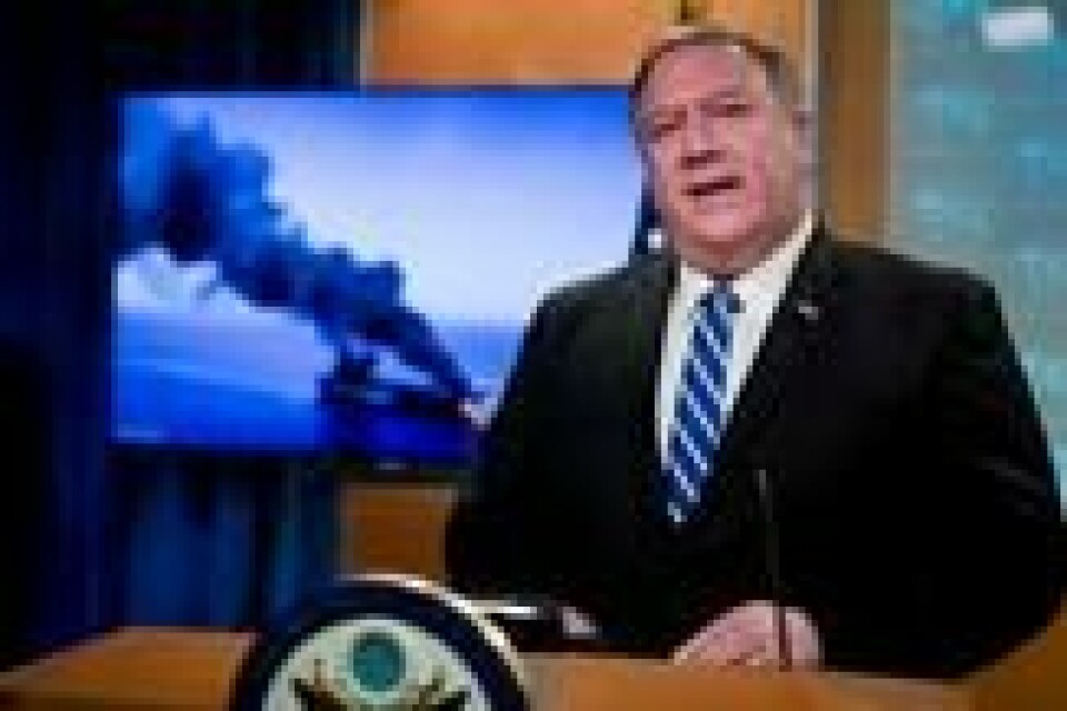 USAs utenriksminister Mike Pompeo anklager Iran for angrepene under en pressekonferanse 13. juni. NTB Scanpix/AP. USAs utenriksminister Mike Pompeo anklager Iran for angrepene under en pressekonferanse 13. juni. NTB Scanpix/AP.