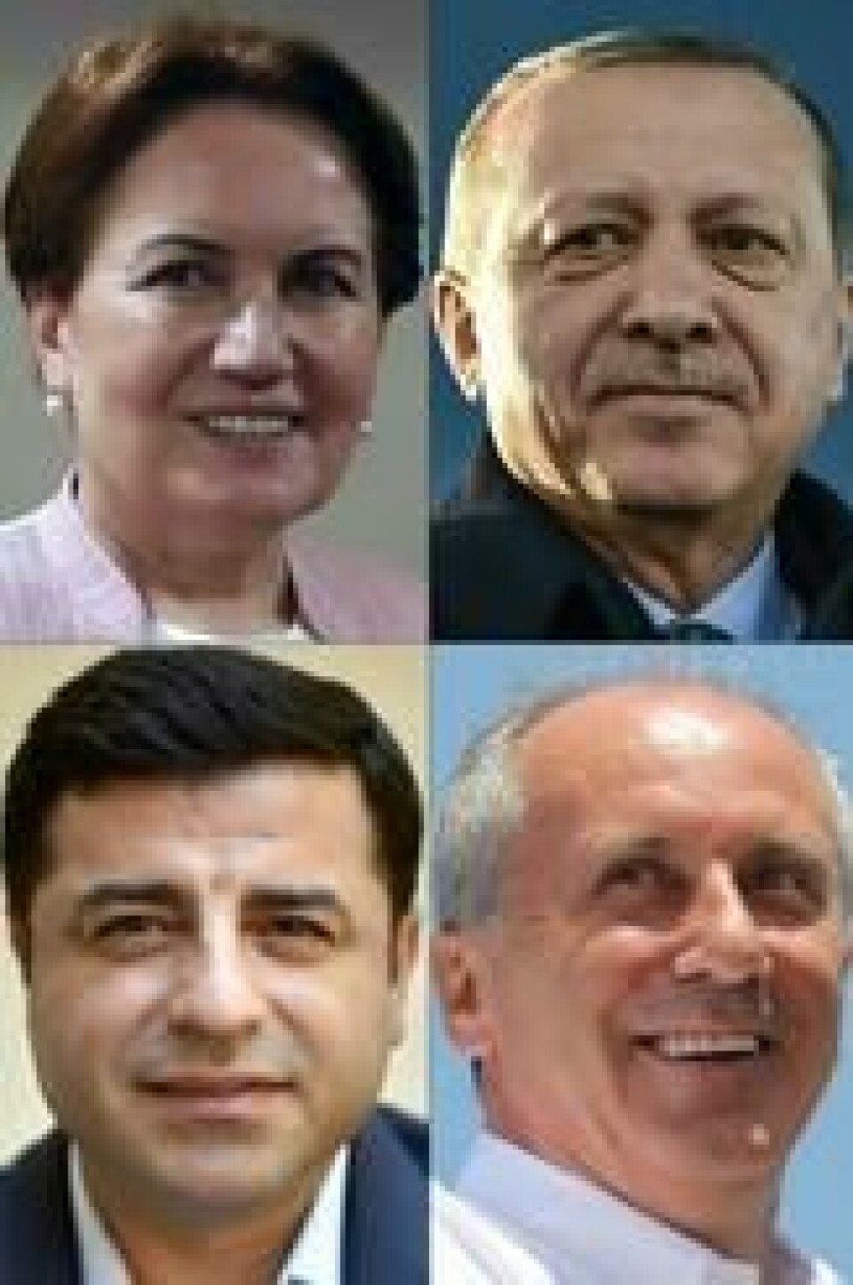 KANDIDATER. Med klokka fra toppen: Lederen av «Det gode partiet» Meral Aksener, Tyrkias sittende president Recep Tayyip Erdogan (AKP), Muharrem Ince, kandidat for det største opposisjonspartiet CHP (Det republikanske folkeparti), og Selahattin Demirtas som er en av lederne i det prokurdiske HDP. Aksener, Ince og Demirtas utfordrer Erdogan i valget 24. juni. Scanpix/AFP. KANDIDATER. Med klokka fra toppen: Lederen av «Det gode partiet» Meral Aksener, Tyrkias sittende president Recep Tayyip Erdogan (AKP), Muharrem Ince, kandidat for det største opposisjonspartiet CHP (Det republikanske folkeparti), og Selahattin Demirtas som er en av lederne i det prokurdiske HDP. Aksener, Ince og Demirtas utfordrer Erdogan i valget 24. juni. Scanpix/AFP.