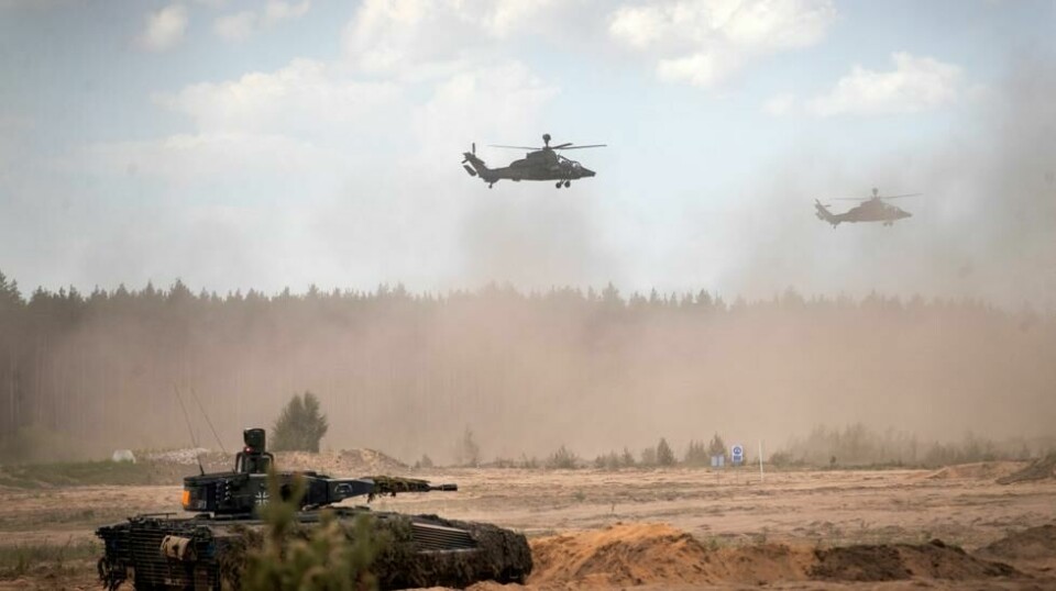 Stridsvogner fra den tyske hæren deltar i den litauisk-tyske militærøvelsen «Grand Quadriga 2024» på en treningsbane i Pabrade, nord for hovedstaden Vilnius, Litauen 29. mai 2024.