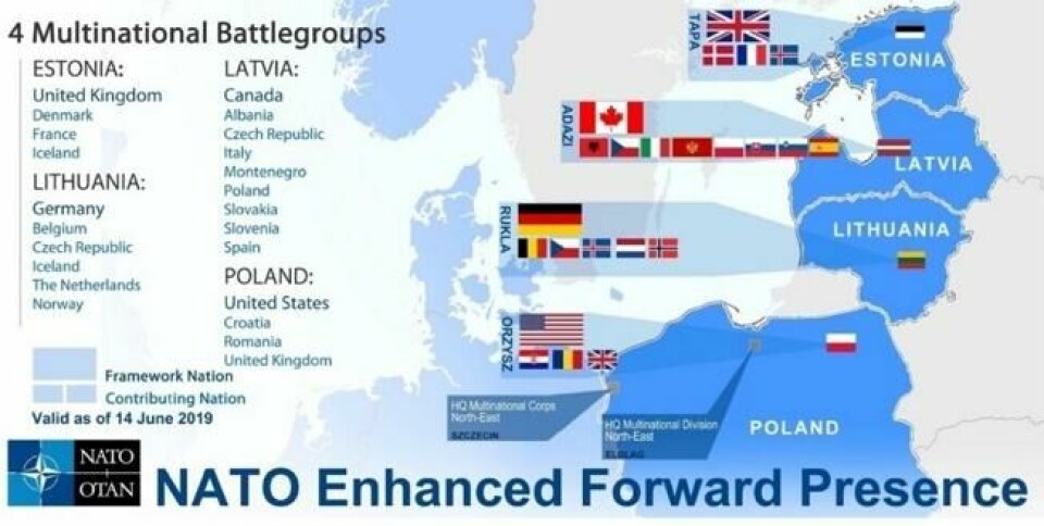 Nato styrker sin fremre tilstedeværelse i den østlige delen av Alliansen, med fire multinasjonale bataljonsstørrelser kampgrupper i Estland, Latvia, Litauen og Polen, på rotasjonsbasis. Disse kampgruppene i bataljonsstørrelse, ledet av henholdsvis Storbritannia, Canada, Tyskland og USA, vil være robuste, multinasjonale, kampklare styrker i høy beredskap. (Skjermdump fra Nato) Nato styrker sin fremre tilstedeværelse i den østlige delen av Alliansen, med fire multinasjonale bataljonsstørrelser kampgrupper i Estland, Latvia, Litauen og Polen, på rotasjonsbasis. Disse kampgruppene i bataljonsstørrelse, ledet av henholdsvis Storbritannia, Canada, Tyskland og USA, vil være robuste, multinasjonale, kampklare styrker i høy beredskap. (Skjermdump fra Nato)