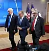 Uenige: Da Trump møtte dagens presidenter i Det europeiske råd og EU-kommisjonen var det amerikansk straffetoll mot EU som var temaet. Foto: Olivier Matthys / AP