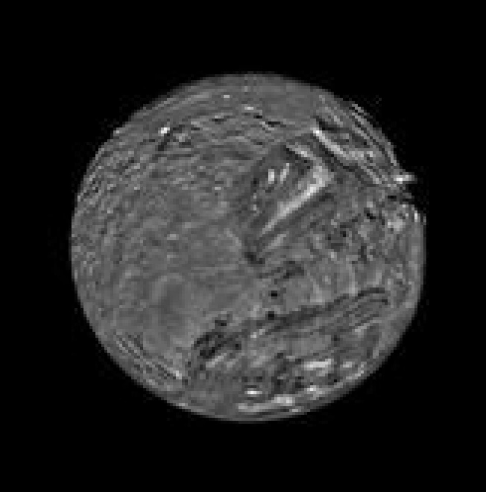 Uranus' måne Miranda. Mosaikk basert på Voyager 2s bilder fra 1986. Foto: Nasa. Uranus' måne Miranda. Mosaikk basert på Voyager 2s bilder fra 1986. Foto: Nasa.