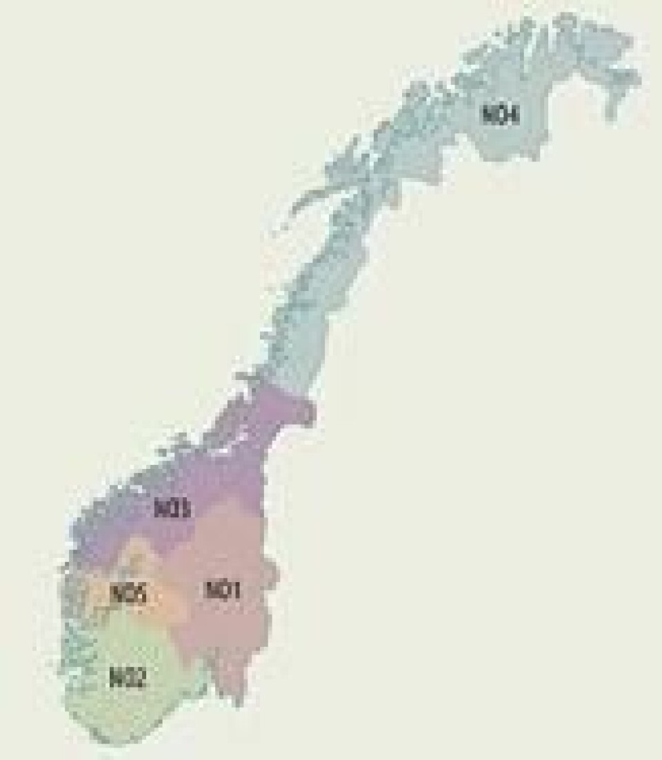 FEM REGIONER: Norge er delt inn i fem strømregioner. Ofte er det de to nordligste regionene som får den billigste strømmen. FEM REGIONER: Norge er delt inn i fem strømregioner. Ofte er det de to nordligste regionene som får den billigste strømmen. Foto: Broom