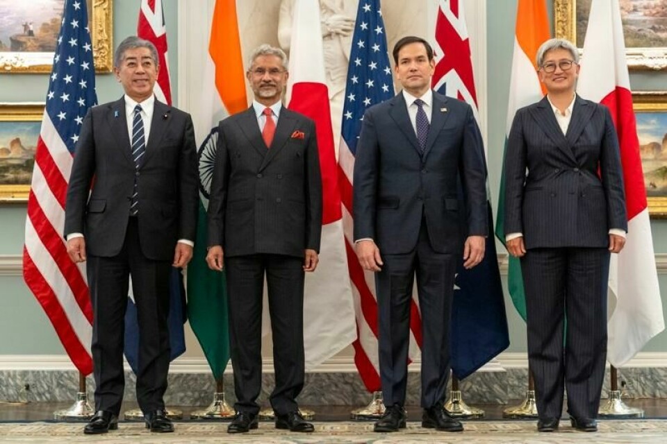 USAs ferske utenriksminister Marco Rubio (nr. to fra høyre) møtte tirsdag Japans utenriksminister Iwaya Takeshi (fra venstre), Indias utenriksminister Subrahmanyam Jaishankar og Australias utenriksminister Penny Wong.
