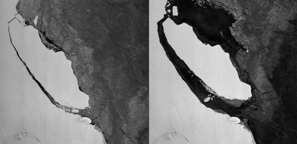 Bilder fra TerraSAR-X satellitten tatt henholdsvis 1. august og 27. september 2017. Bildene viser det gigantiske isfjellet, kalt A68, som har løsnet fra Larsen C-isbreen i Antarktis. Bilder fra TerraSAR-X satellitten tatt henholdsvis 1. august og 27. september 2017. Bildene viser det gigantiske isfjellet, kalt A68, som har løsnet fra Larsen C-isbreen i Antarktis. Foto: Handout / AFP