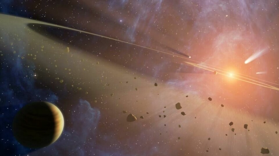 En kunstner har sett for seg solsystemet Epsilon Eridani, ti lysår fra vårt eget. Det er synlig med det blotte øye på den sørlige himmelhvelving, i stjernebildet Floden. Illustrasjon: NASA/JPL-Caltech