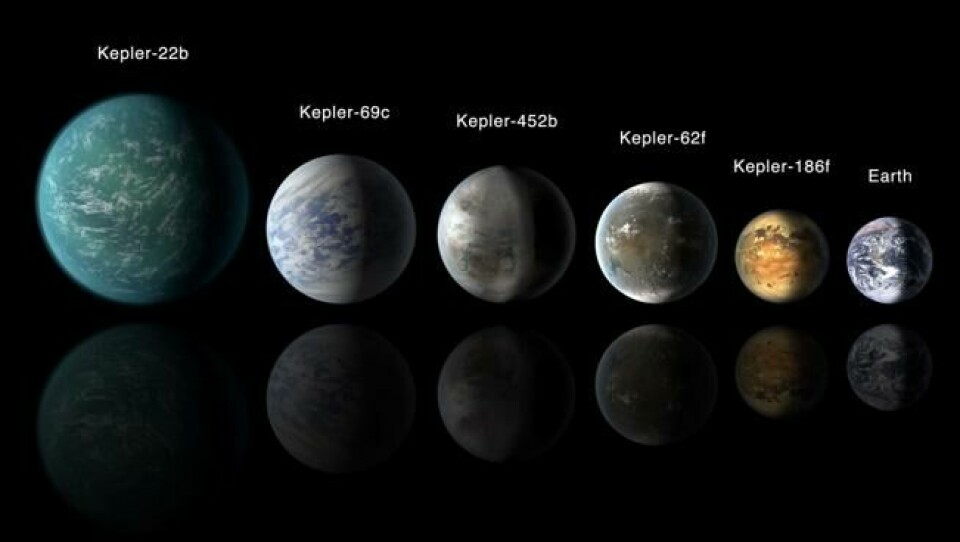 Noen av de bekreftede eksoplanetene som ligner mest på jorden og ligger i «den beboelige sonen» rundt sine stjerner. Lengst til høyre er jorda tegnet inn. Illustrasjon: Nasa. Noen av de bekreftede eksoplanetene som ligner mest på jorden og ligger i «den beboelige sonen» rundt sine stjerner. Lengst til høyre er jorda tegnet inn. Illustrasjon: Nasa.