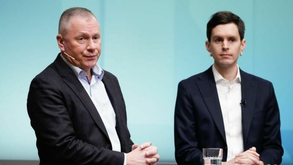 Oljefondets sjef Nicolai Tangen og Eivind Fliflet fotografert da de la fram rapporten om ansvarlig forvaltning for 2023.