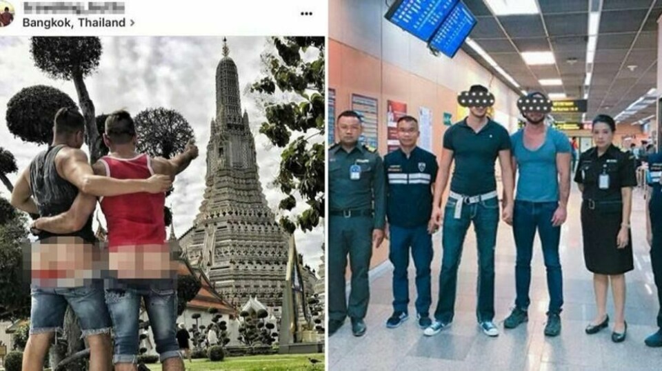 Enden var ikke god for to amerikanske turister som postet bilder av seg selv med rompa bar foran Wat Arun-tempelet i Bangkok. Foto: Instagram / Thai Immmigration Police.