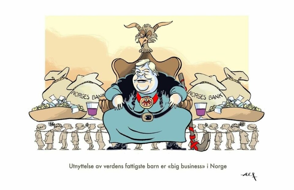 Cartoons for Change har flere karikaturtegninger der Norge og spesielt statsminister Erna Solberg fremstilles som profitører av barnearbeid. Det norske Oljefondet har investert milliardbeløp i selskaper som fortsatt ikke klarer å få bukt med barnearbeid hos sine underleverandører. Cartoons for Change har flere karikaturtegninger der Norge og spesielt statsminister Erna Solberg fremstilles som profitører av barnearbeid. Det norske Oljefondet har investert milliardbeløp i selskaper som fortsatt ikke klarer å få bukt med barnearbeid hos sine underleverandører. Foto: Alf France / Cartoons4Change