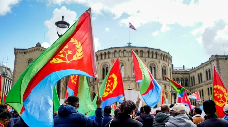 Fredag ble to eritreiske demonstrasjoner arrangert i Oslo sentrum: Først av opposisjonen, så av de som blir omtalt som de regimevennlige. Bildet viser demonstrasjonen av sistnevnte. Foto: Terje Pedersen / NTB