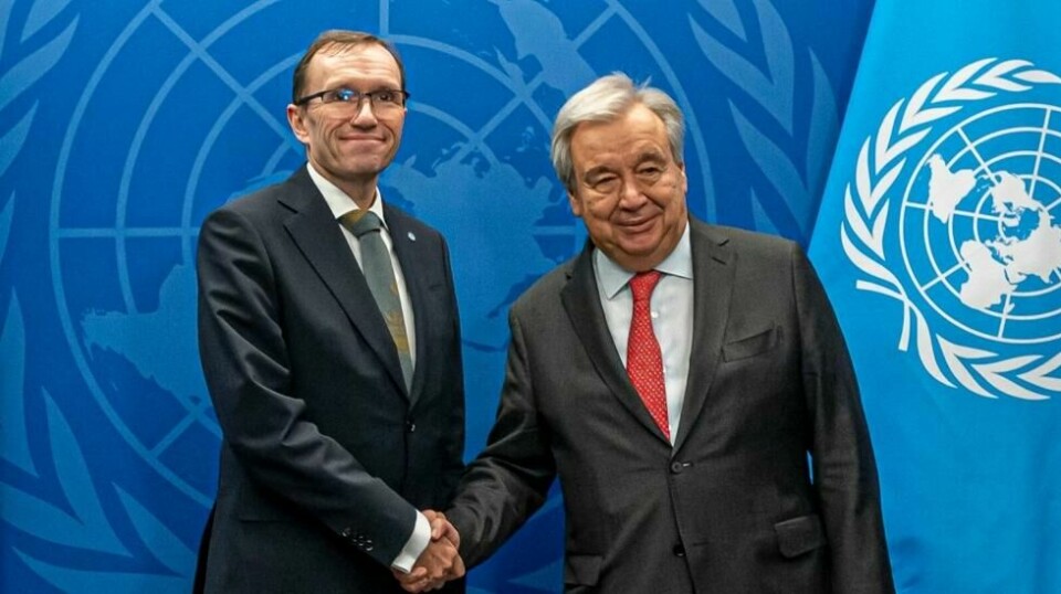 Utenriksminister Espen Barth Eide (Ap) sammen med generalsekretær António Guterres i FN-hovedkvarteret i New York tirsdag 23. januar.