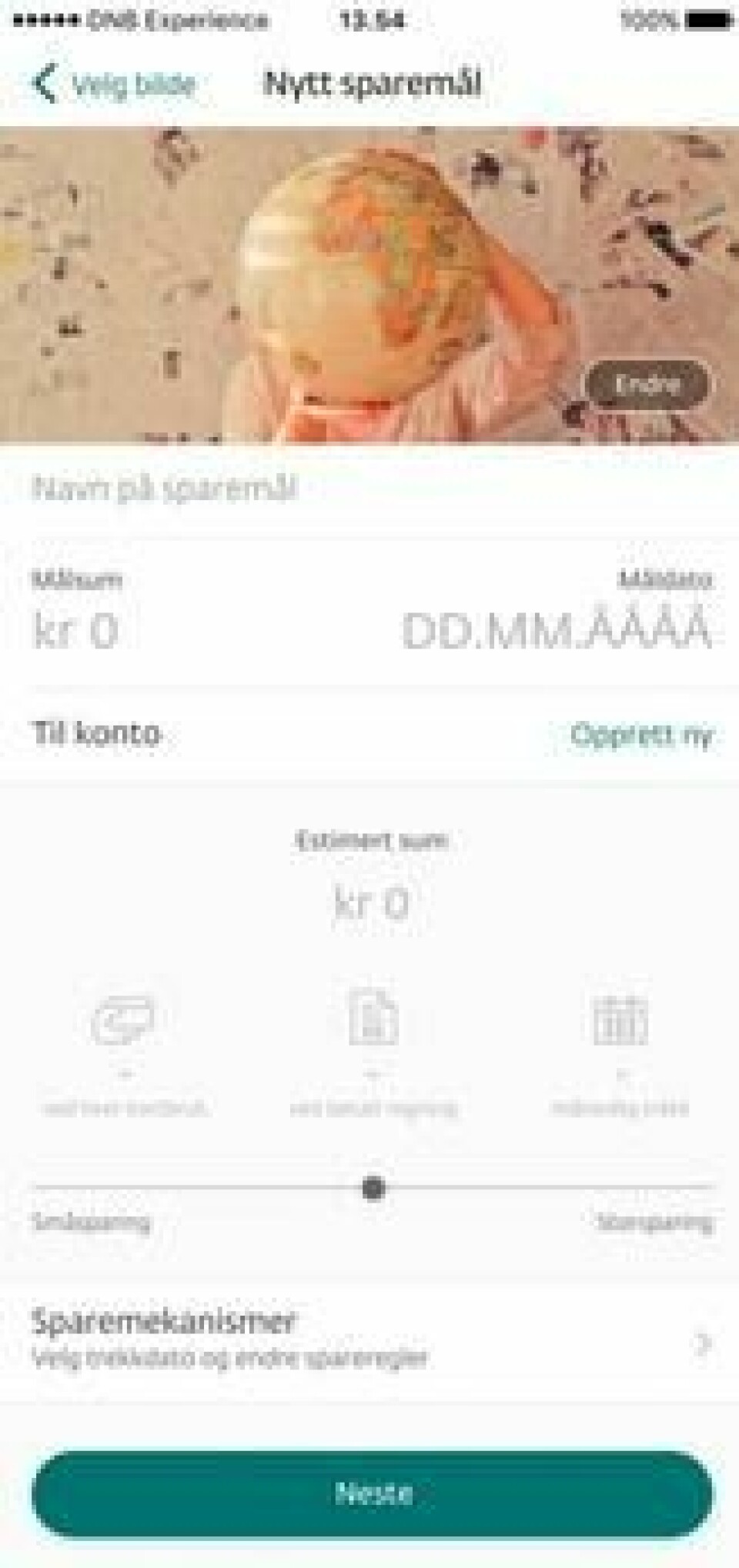 Brukegrensesnittet i Spare er helhetlig meget godt og gjør det enkelt å sette opp sparing til for eksempel en reise til fjerne himmelstrøk. Foto: DNB Brukegrensesnittet i Spare er helhetlig meget godt og gjør det enkelt å sette opp sparing til for eksempel en reise til fjerne himmelstrøk. Foto: DNB