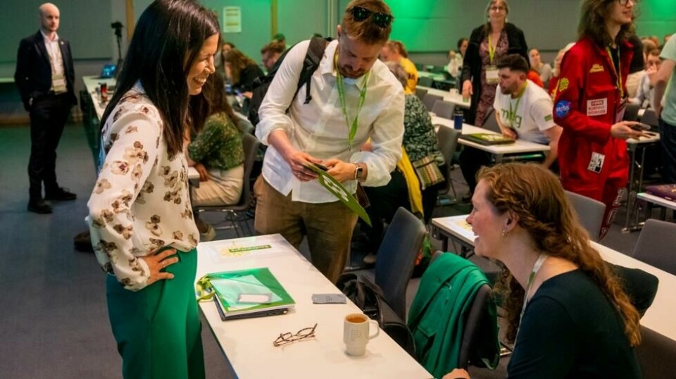 Lan Marie Berg, Eivind Trædal og Ingrid Liland på åpningen av landsmøtet for Miljøpartiet De Grønne fredag. Foto: Fredrik Varfjell / NTB