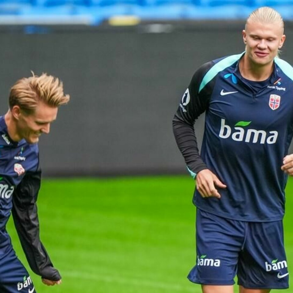 Erling Braut Haaland og Martin Ødegaard er begge nominert til Gullballen. Her på trening for landslaget onsdag. Foto: Lise Åserud / NTB