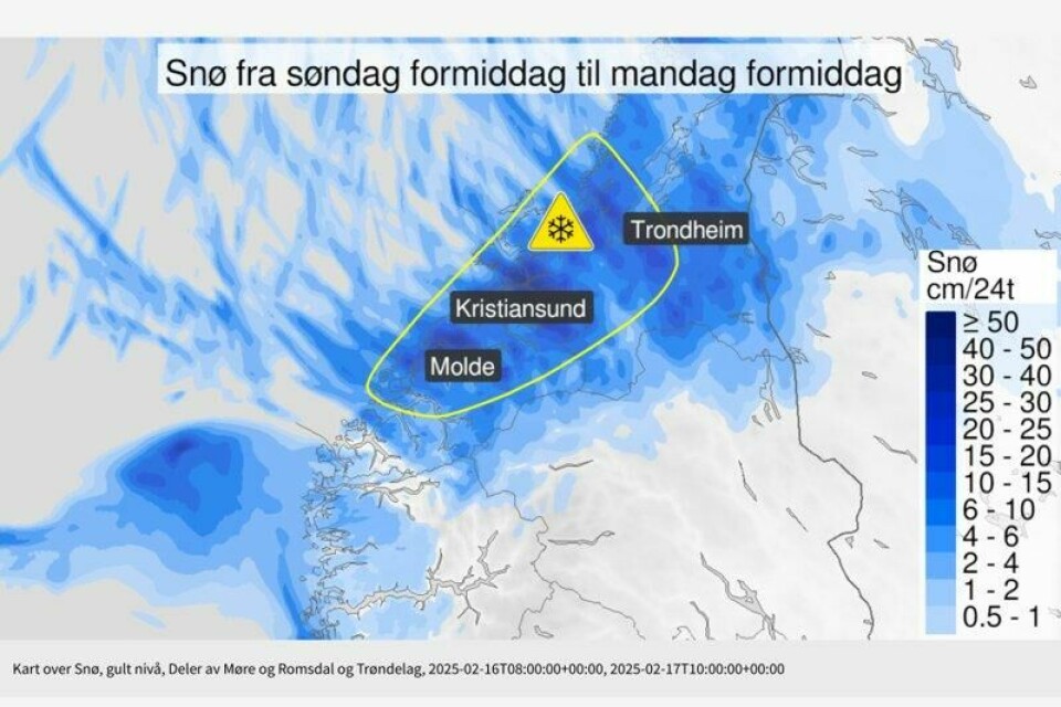 Det kan komme opp mot 25 centimeter snø i deler av Møre og Romsdal og Trøndelag fram mot mandag formiddag.
