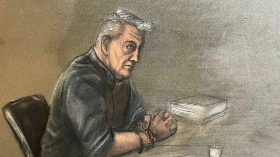 Tegning av Gjert Ingebrigtsen under første dag av straffesaken mot ham i Sør-Rogaland tingrett mandag.